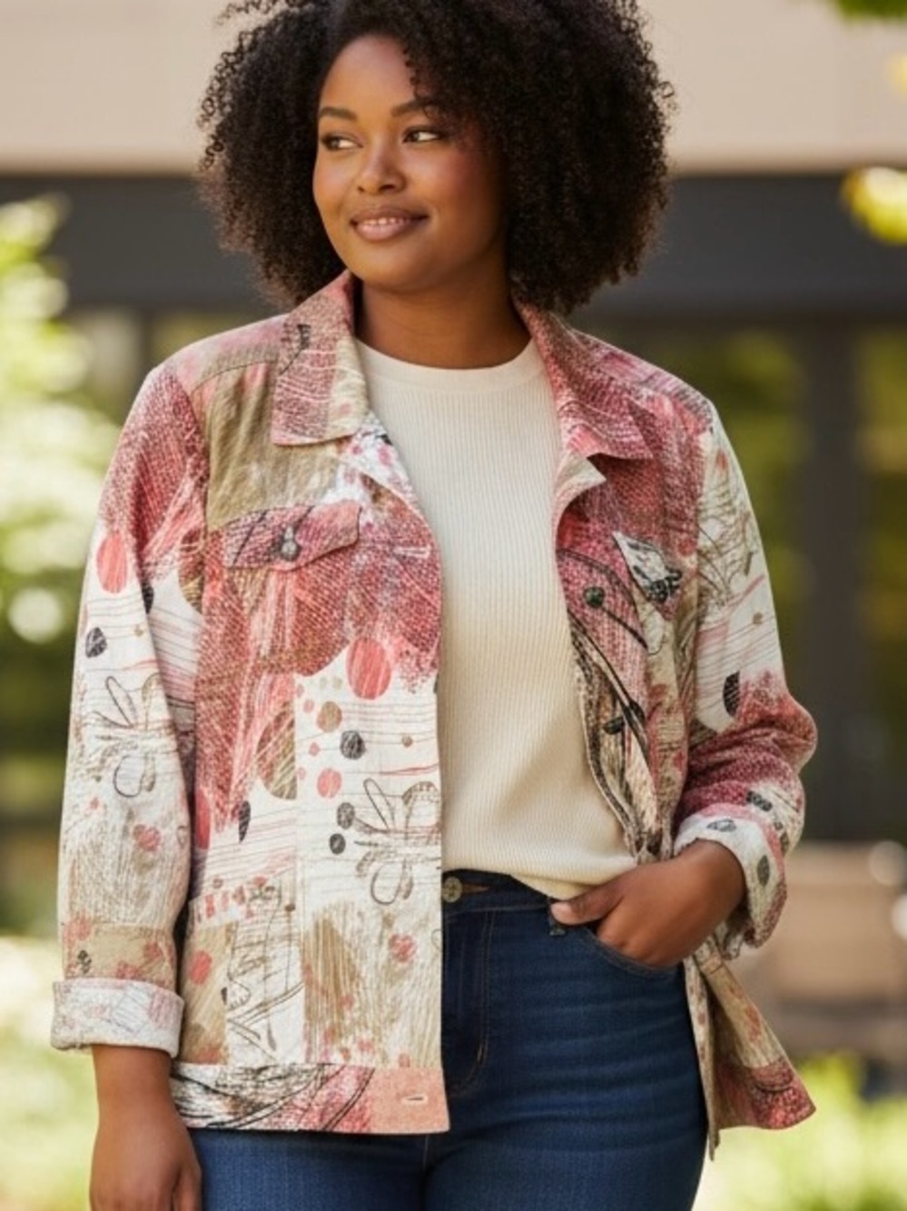 CJ Banks Pink Multi Floral-Print Denim Jacket